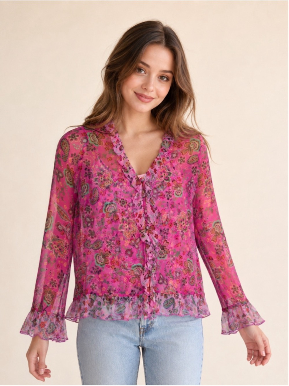 Johnny Was Women’s XXS Pink Floral Silk Ruffle Blouse Sheer Boho Bell Sleeve
